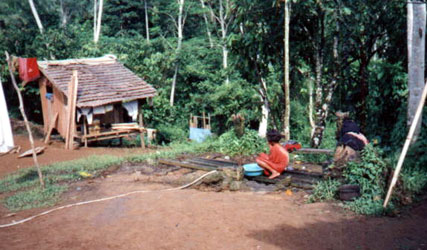 A Dibabawon woman washes clothes near the hose. This is where they also wash dishes and take a bath. Water comes from a nearby river.